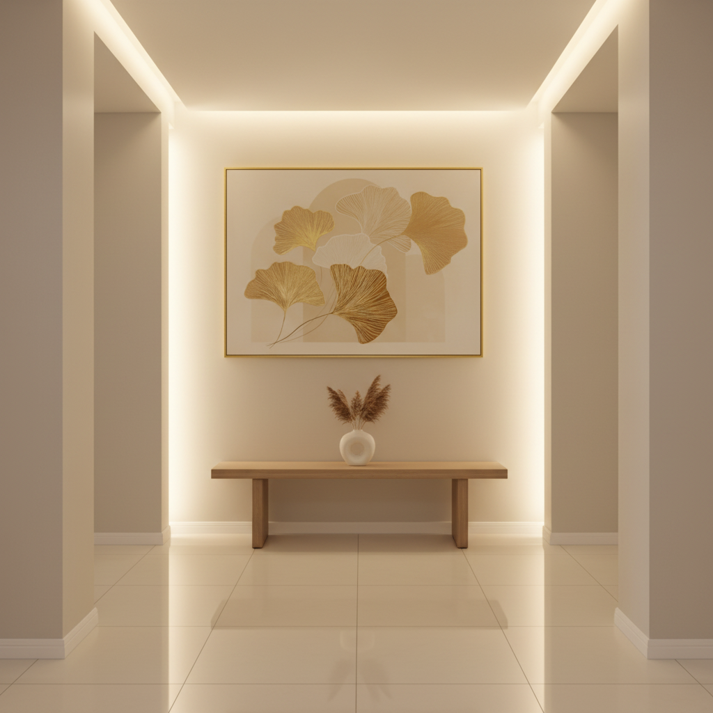 Framed botanical oil painting featuring cherry blossoms and decorative leaf designs with textured detailing for modern and classic interior décor.