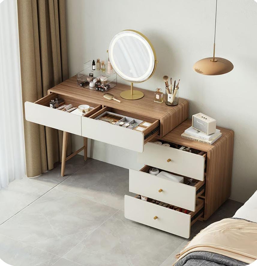 Extendable dressing table and study desk with five drawers and corner placement design