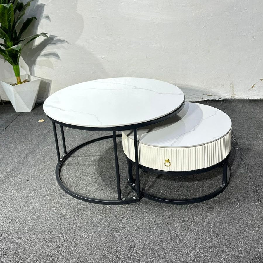 2-Piece Marble Top Nesting Coffee Table Set with Storage Drawer