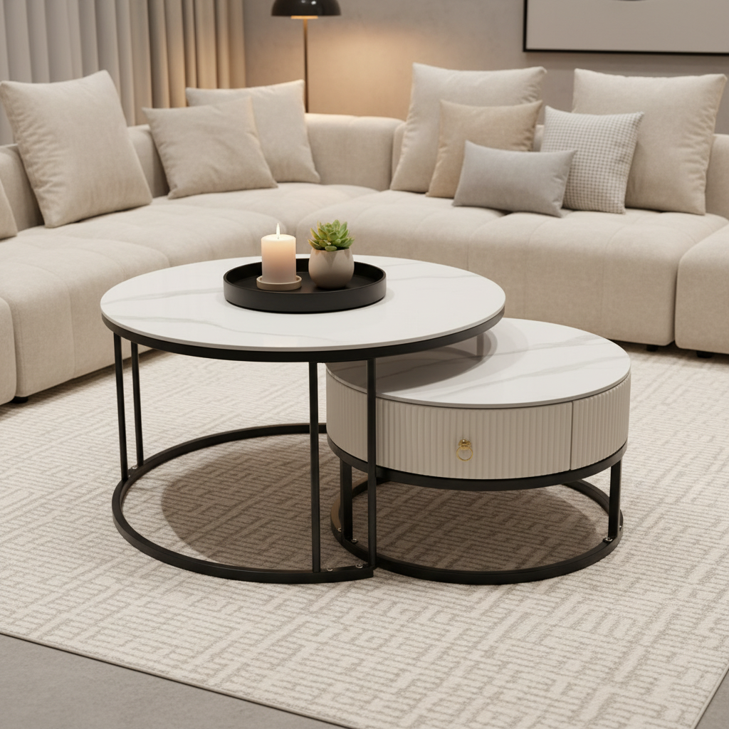 Dawood Lifestyle & Gadgets kes 2-piece marble top nesting coffee table set with white marble surface, black metal round frame, fluted storage drawer, and gold ring handle for modern living room décor.