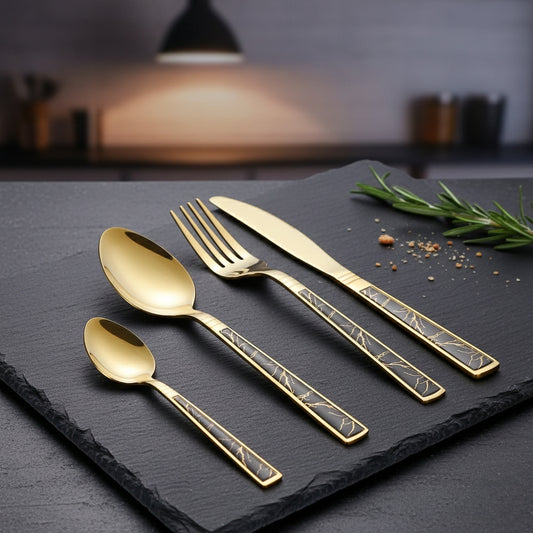 24 piece gold Mood Egg cutlery set and marbled finishes