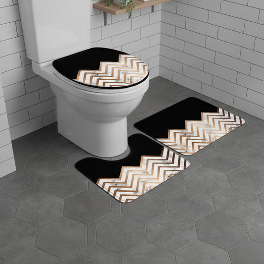 3-in-1 Marble texture bathroom mat set including large mat, U-shaped mat, and toilet lid cover, anti-slip and soft.