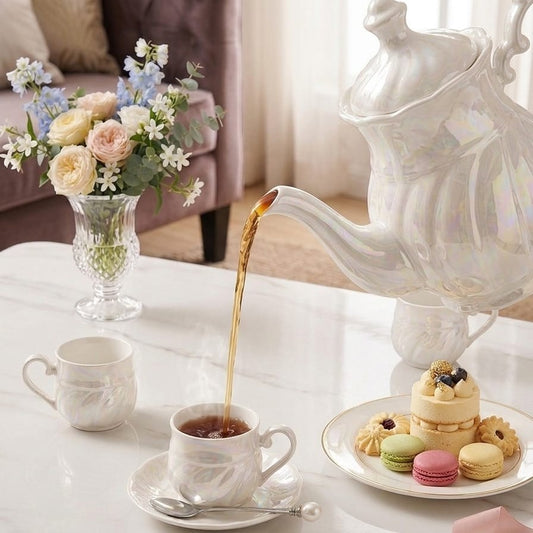 Nine piece ceramic tea set with pearlescent finish including teapot, six cups, and round serving tray.