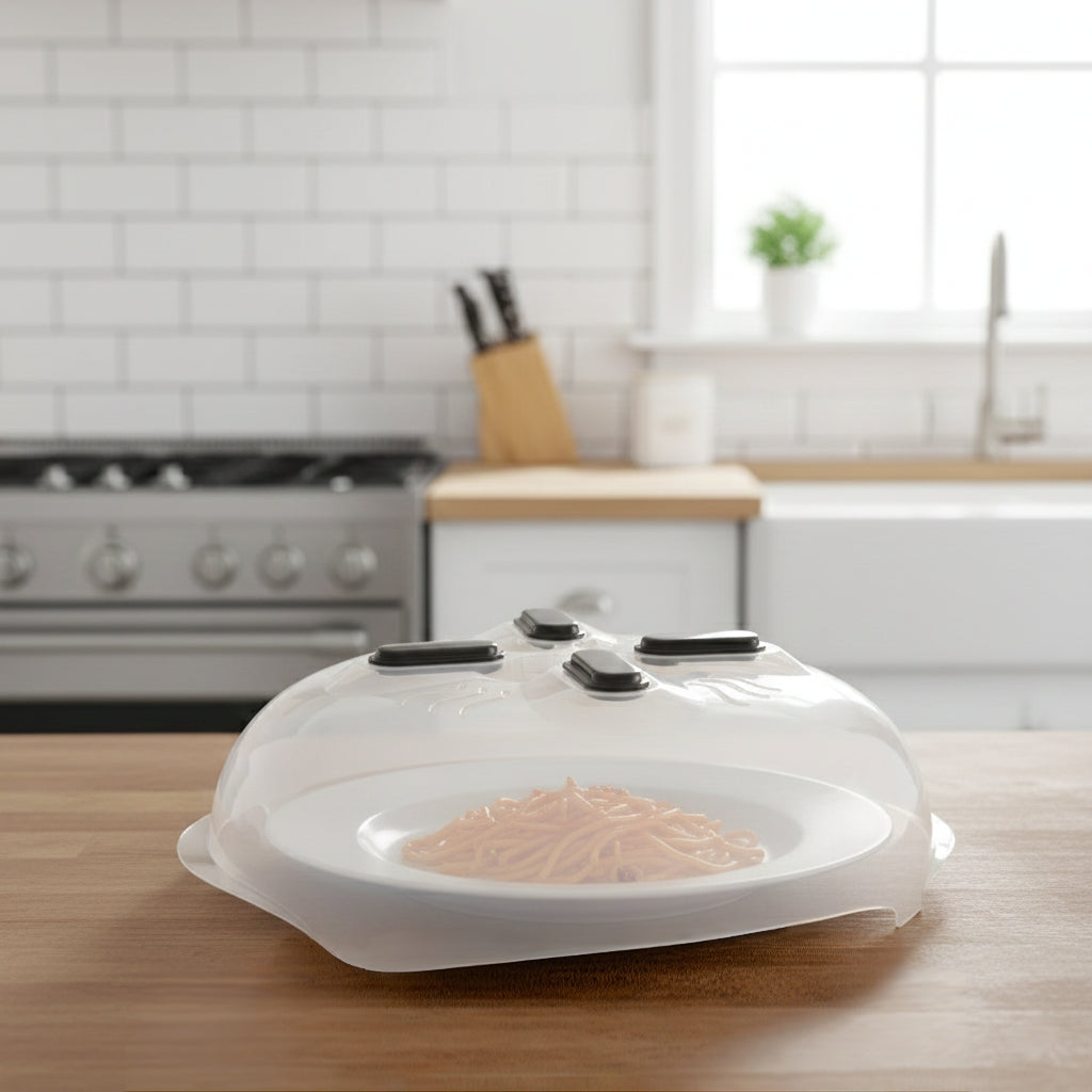 Magnetic microwave food cover with ventilation holes.