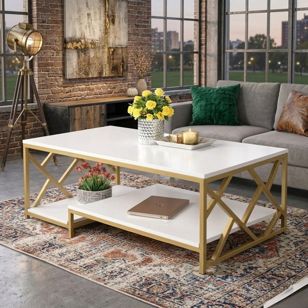 White MDF coffee table with shelves and golden legs