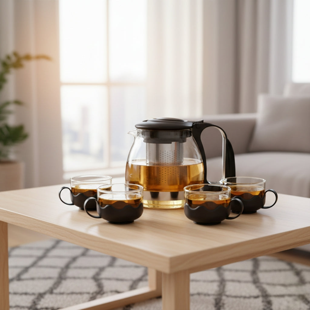 5-in-1 Borosilicate glass tea set with 1L teapot and four 160ml cups