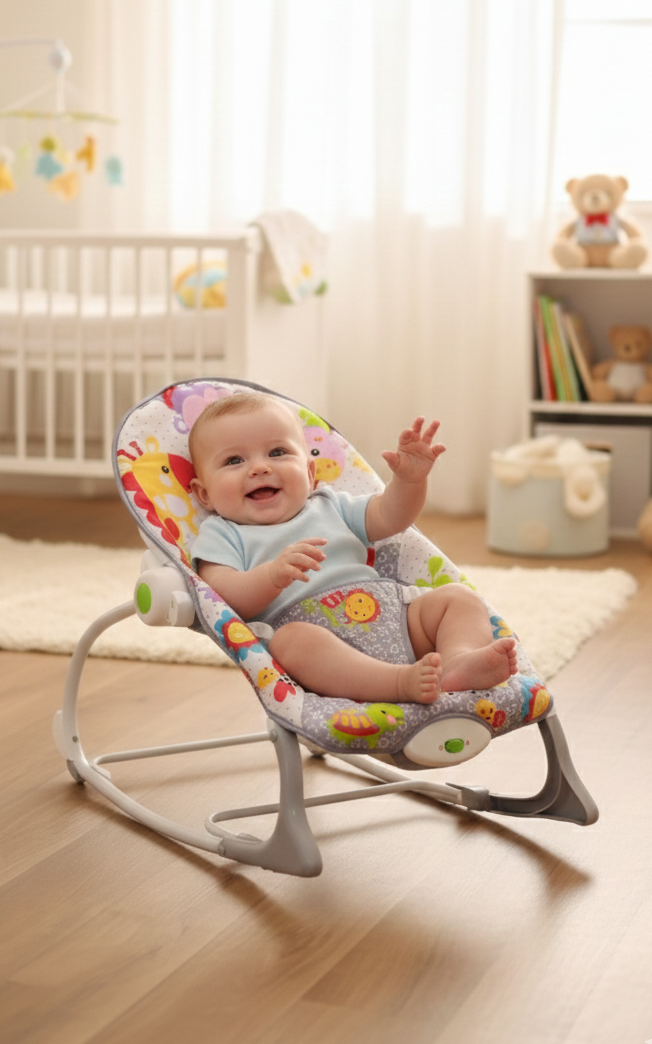 Infant to toddler baby rocker with soothing vibration and music for comfort and play