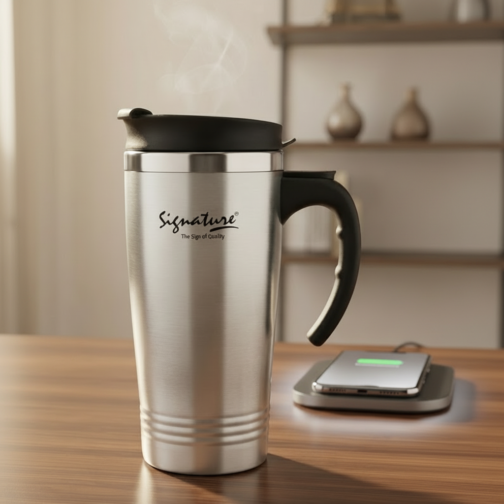 450ML stainless steel signature vacuum flask with leak proof flip top lid and ergonomic handle.