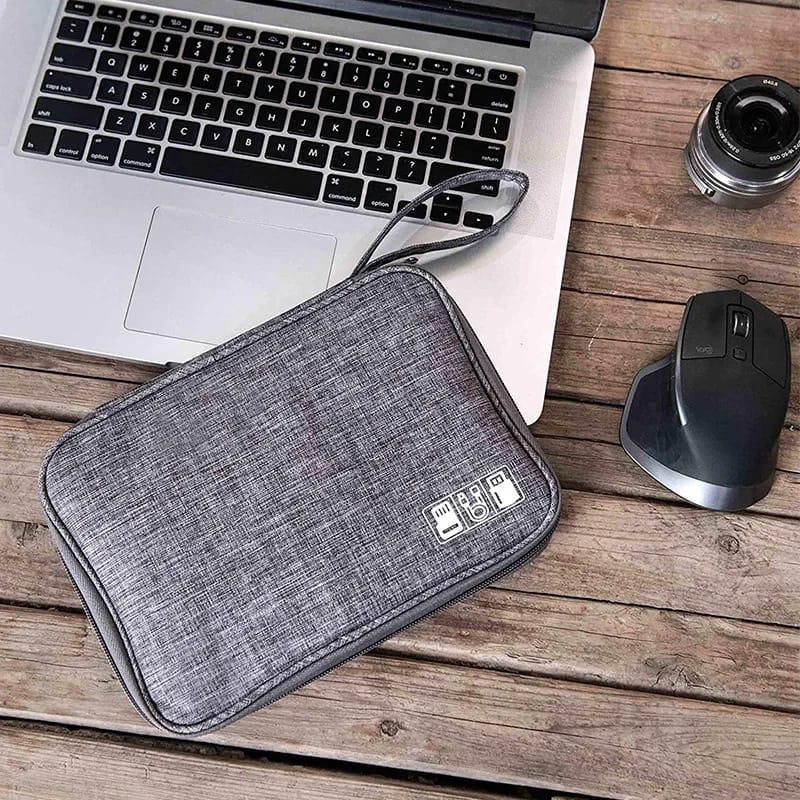 Grey waterproof double-layer travel electronics organizer bag for cables and gadget accessories