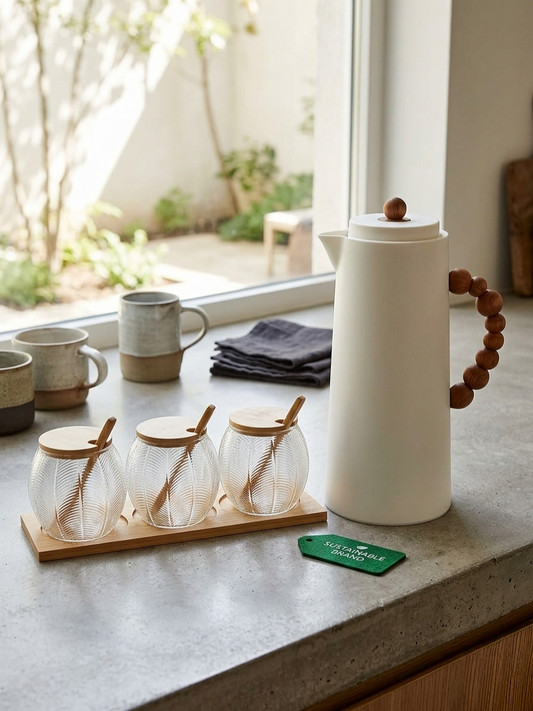 Vacuum flask with three matching canisters set for serving beverages and storing kitchen essentials