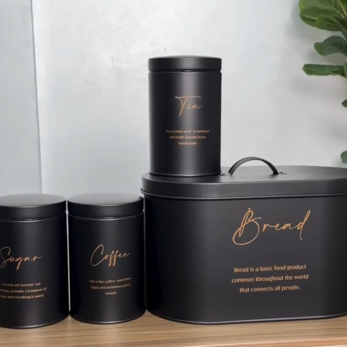 4Pc Metal Bread Box and Tea Sugar Coffee Canister Set