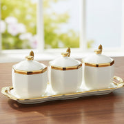 3-piece hexagonal ceramic sugar dish set with tray and gold ring design