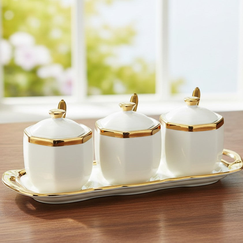 3-piece hexagonal ceramic sugar dish set with tray and gold ring design