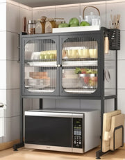 Modern metal kitchen storage rack with microwave stand and side holders measuring 57 x 37 x 76cm