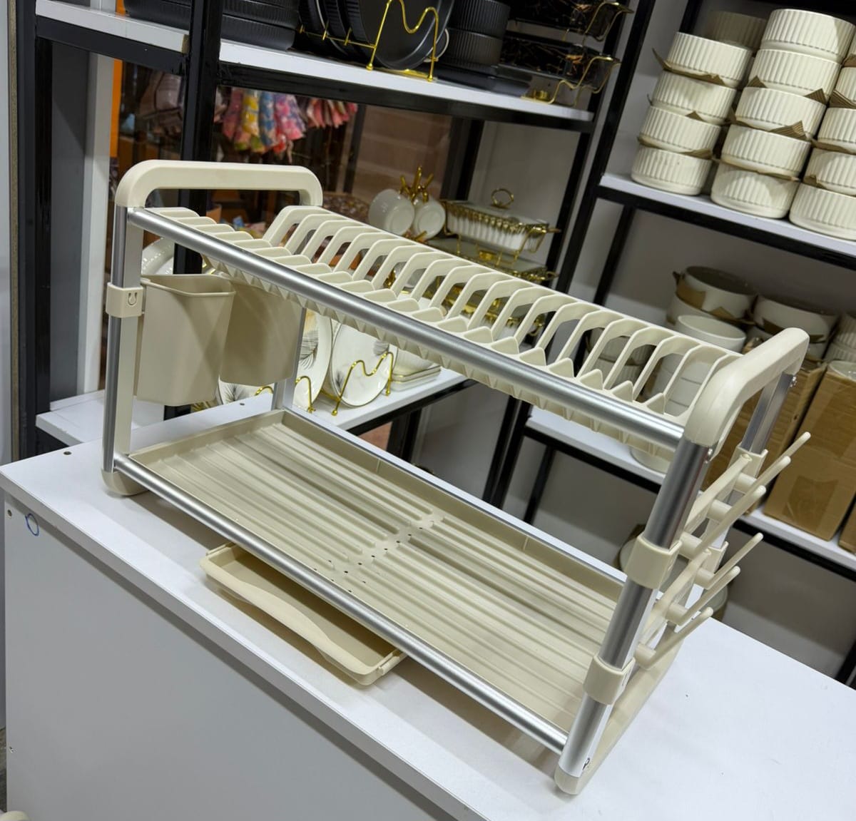 2 Tier Aluminum Dish Drying Rack with Drainer