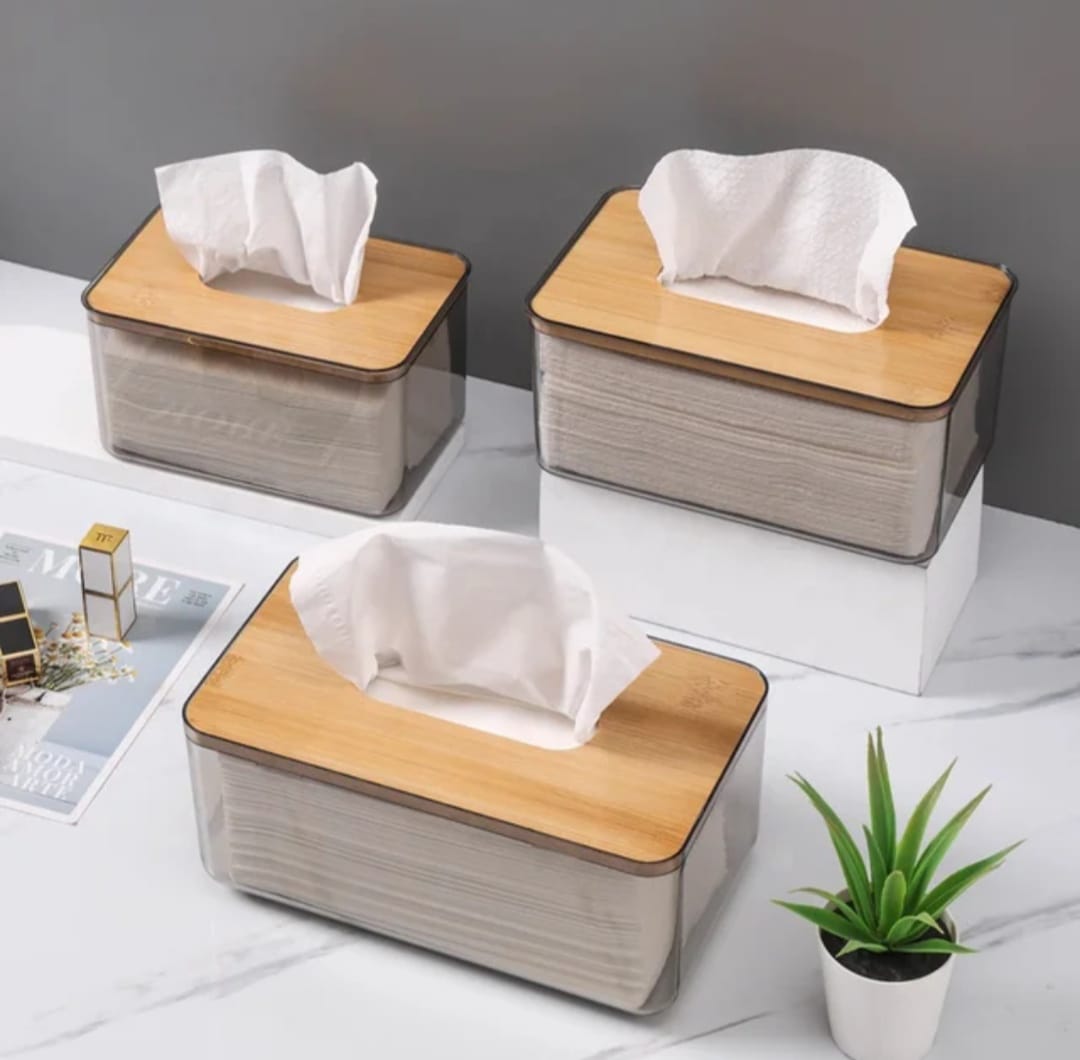 Nordic minimalist tissue box with bamboo lid, transparent Japanese-style desktop organizer, 23.5×13.5×10 cm. 