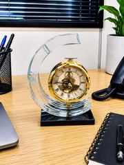 Dawood Lifestyle & Gadgets kes gold skeleton mantel clock with crystal glass arch frame and black base