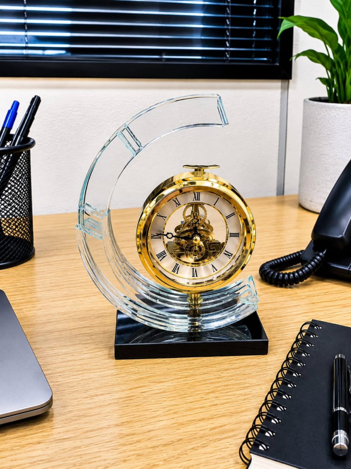 Dawood Lifestyle & Gadgets kes gold skeleton mantel clock with crystal glass arch frame and black base