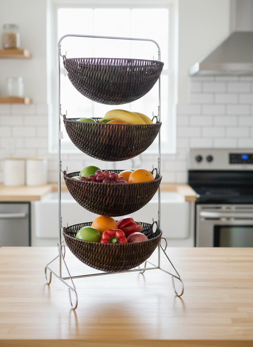 Four-layer fruit rack bucket for organized fruit and vegetable storage.