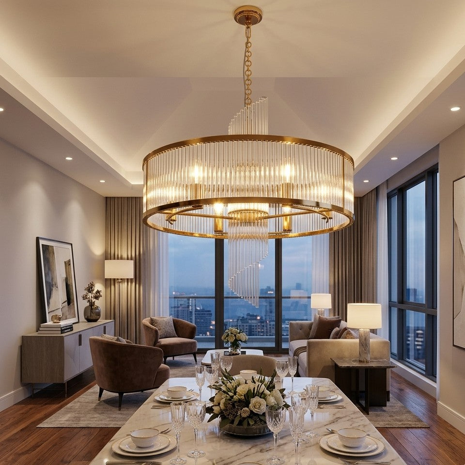 Crystal Waterfall Chandelier Gold Brass Dual Layer Ceiling Light