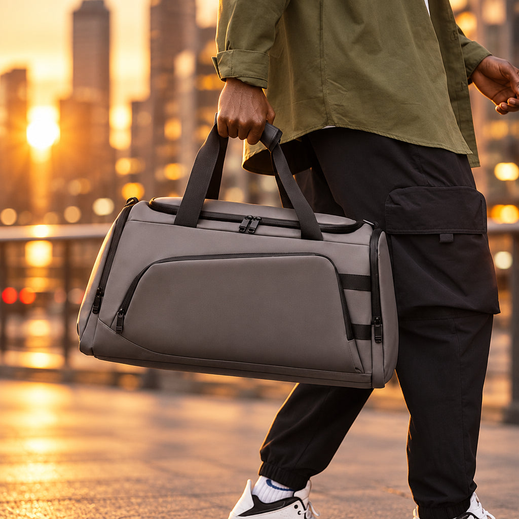 Waterproof duffel bag with shoe compartment and backpack straps in black and grey