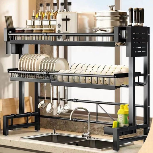 2 tier adjustable over the sink dish drying rack with storage compartments