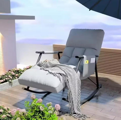 Adjustable rocking recliner chair with high backrest, armrests, side pocket, and wooden legs.