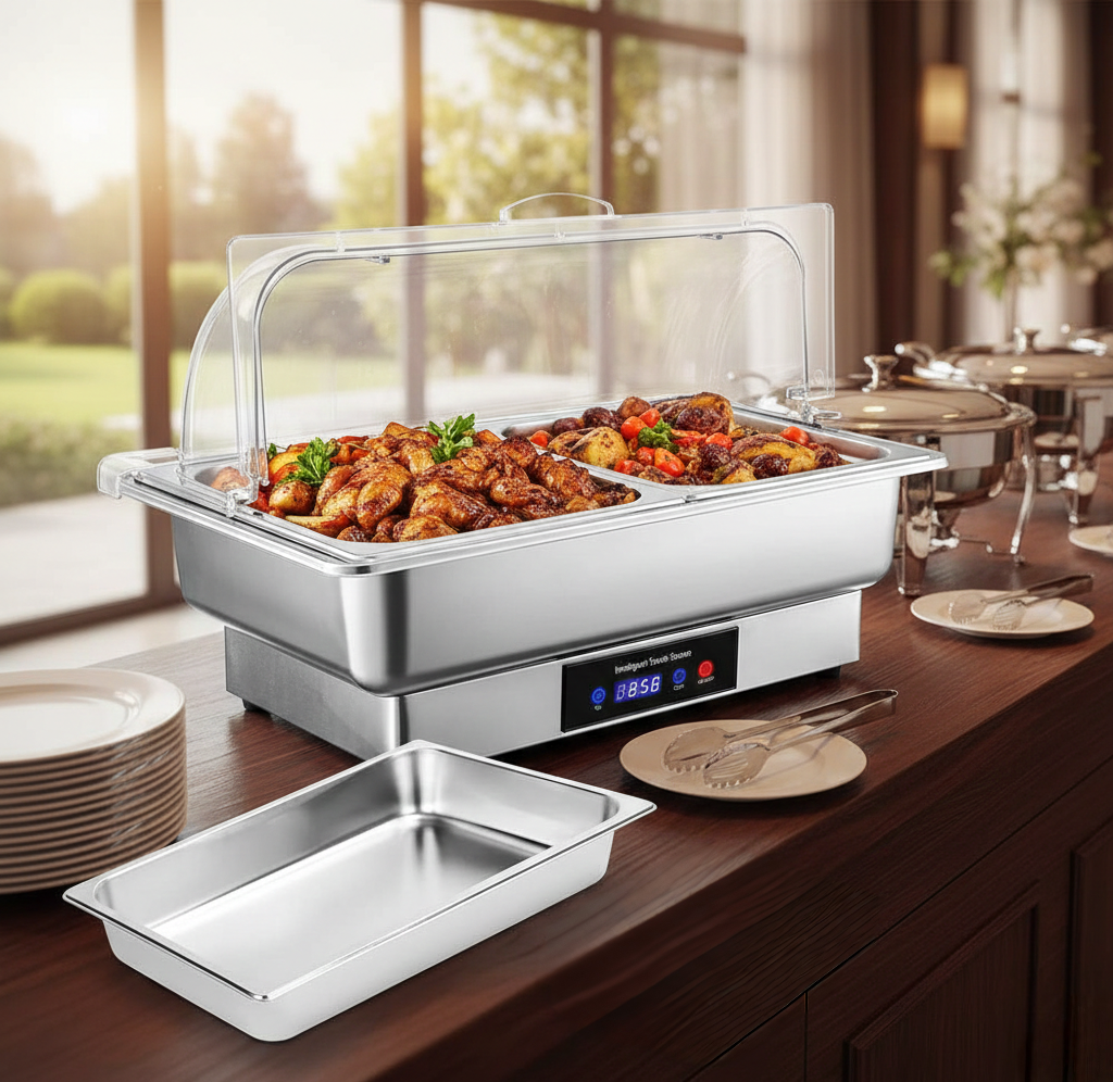 Electric chafing dish with clear roll-top ABS cover for keeping food warm.