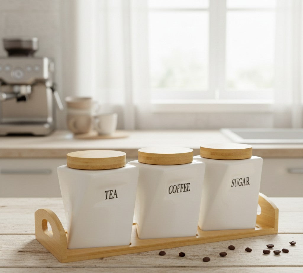 3Pc Ceramic Canister with Bamboo Lids and Tray