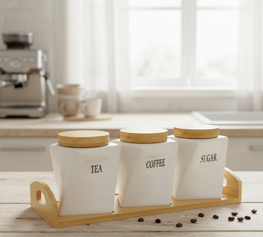 3Pc Ceramic Canister with Bamboo Lids and Tray