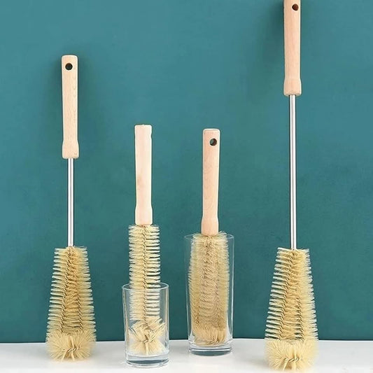 4-piece long handle bottle cleaning brush set with wooden handles, ideal for cleaning narrow bottles and thermos flasks.