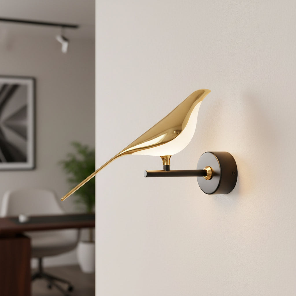 Dawood Lifestyle & Gadgets kes Gold Bird LED Wall Lamp with illuminated white bird, matte black arm, and luxury wall-mounted lighting fixture.