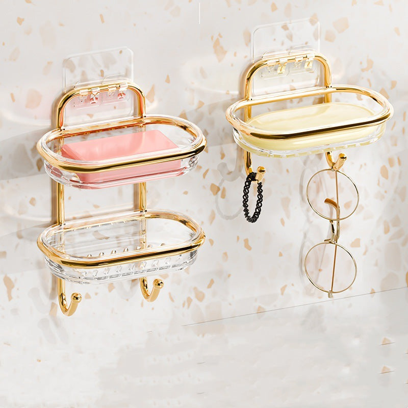 Gold-plated double-layer wall mounted soap holder with hooks