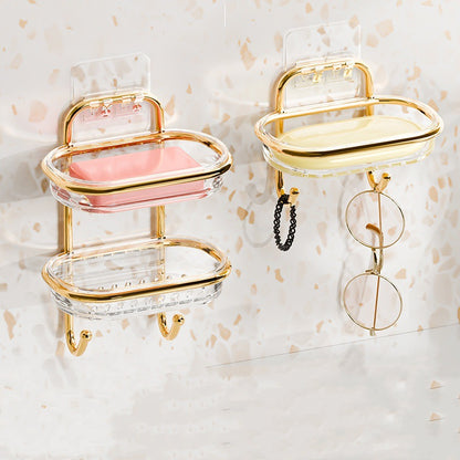 Gold-plated double-layer wall mounted soap holder with hooks
