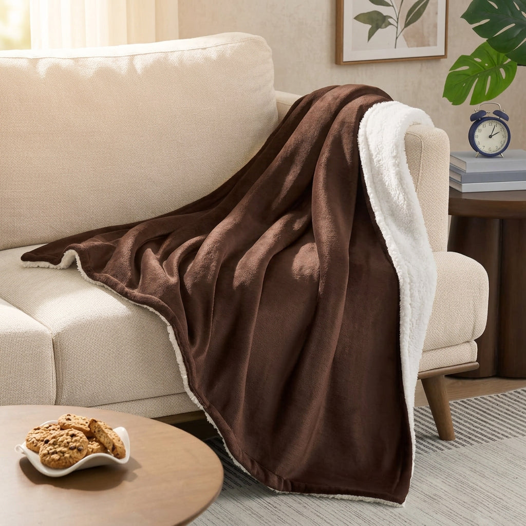 Double-sided sherpa blanket size 6×6, soft plush blanket designed for warmth and comfort on beds or sofas. 🛏️