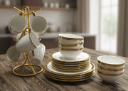 White ceramic dinner set with gold ring detailing, 24 pieces