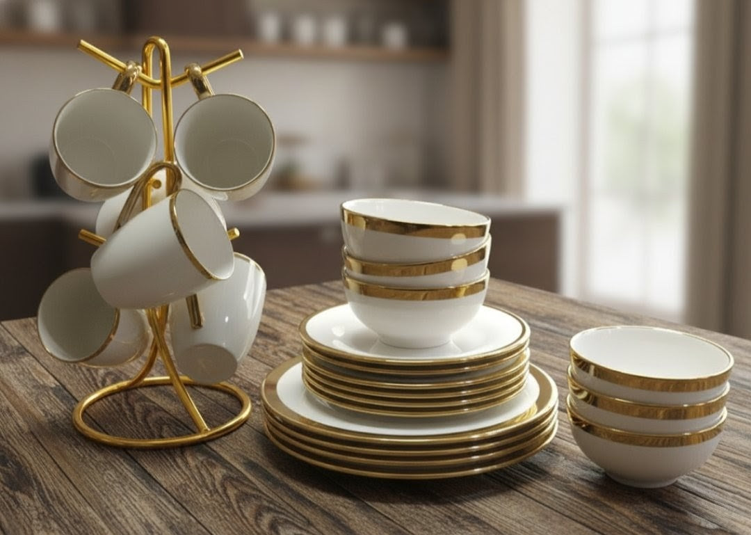White ceramic dinner set with gold ring detailing, 24 pieces
