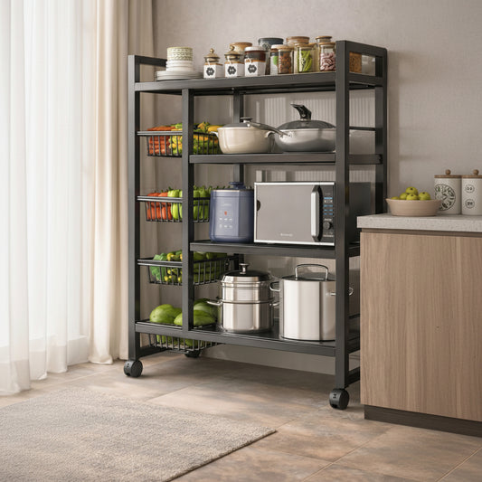 Large multi purpose kitchen organizer with wheels 108x92x32cm, storage rack for appliances and groceries. 