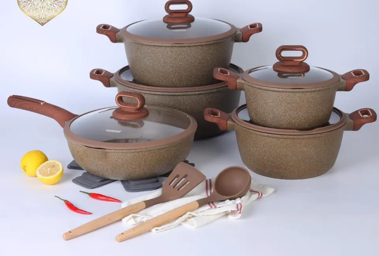 Donnor 15-piece premium non-stick cookware set with casseroles, frying pan, silicone spoons, and pot protectors
