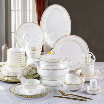 60-Pieces gold rim fine china bone dinnerware set with porcelain plates.