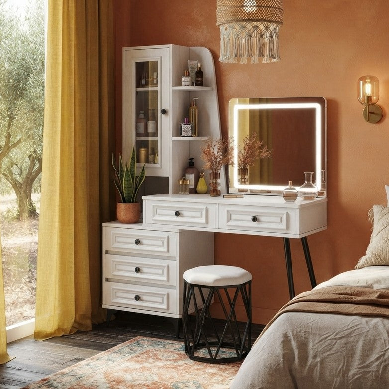 Simple bedroom dressing table with mirror and side storage cabinet for makeup, skincare, accessories, and daily grooming.