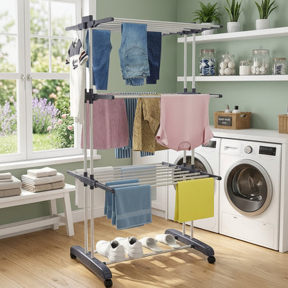 4 tier foldable clothes drying rack stand in grey, laundry airer for indoor and outdoor drying