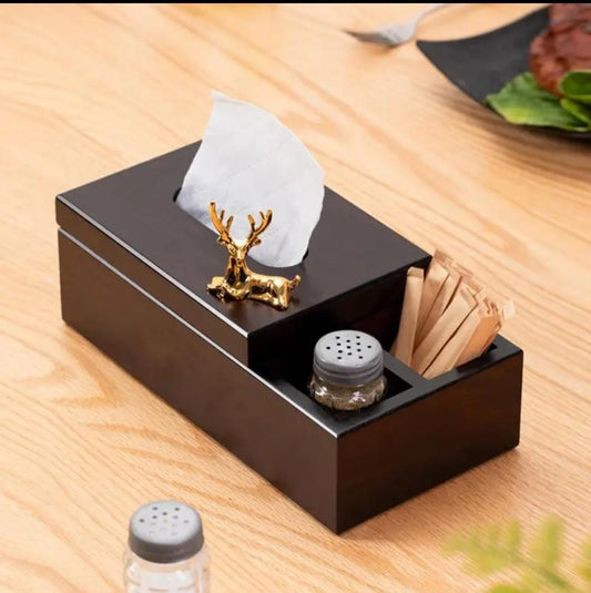 Wooden tissue box holder with dual compartments for tissues and small desk items