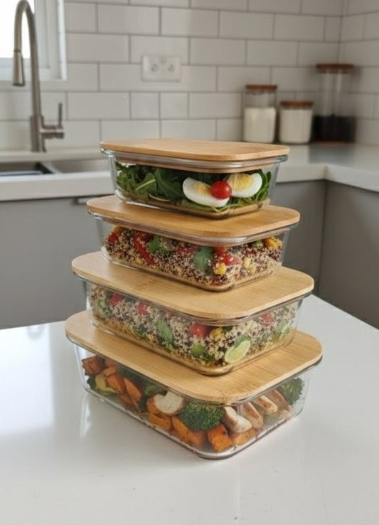 Set of four rectangular glass food storage containers with bamboo lids in multiple sizes