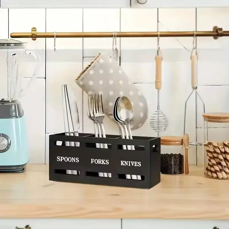 Black wooden cutlery holder with three compartments