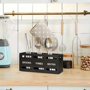 Black wooden cutlery holder with three compartments