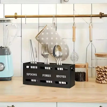 Black wooden cutlery holder with three compartments