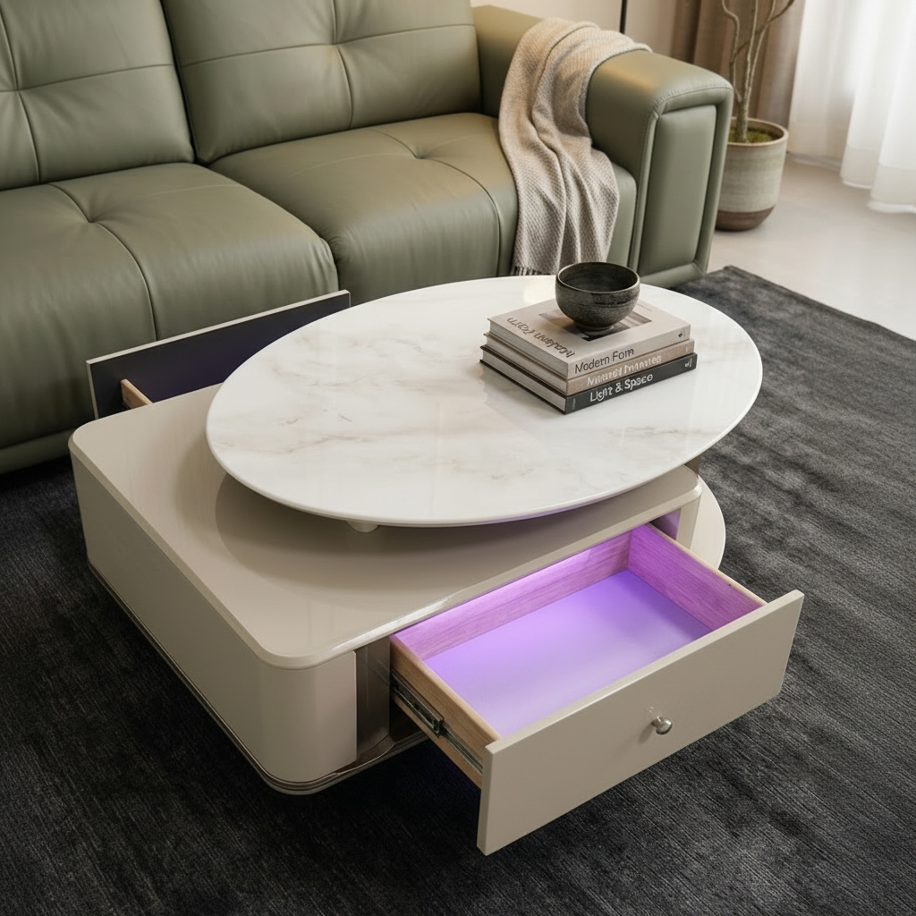 Porcelain coffee table with two drawers, elegant modern design for living room storage and décor