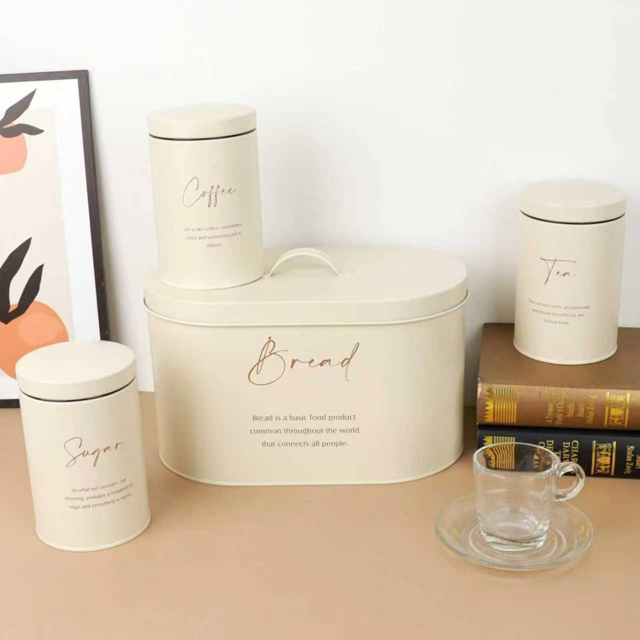 4Pc Metal Bread Box and Tea Sugar Coffee Canister Set