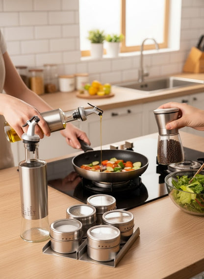 Oil and spice kitchen set with oil bottle, magnetic spice rack, and large pepper grinder.